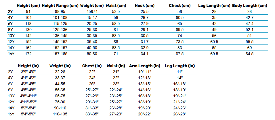 2025 Rip Curl Junior Wetsuits 0 Storlekstabell